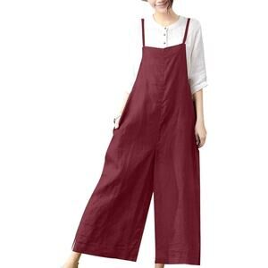 YESNO Women Casual Loose Long Bib Pants Wide Leg Jumpsuit Wine Size 3XL
